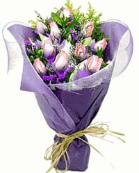 Lover - 12 pink roses, forgetminot and baby-breath wrapped with purple Japanese bouquet paper.<br><br>Code:156-4304-156-0000096884